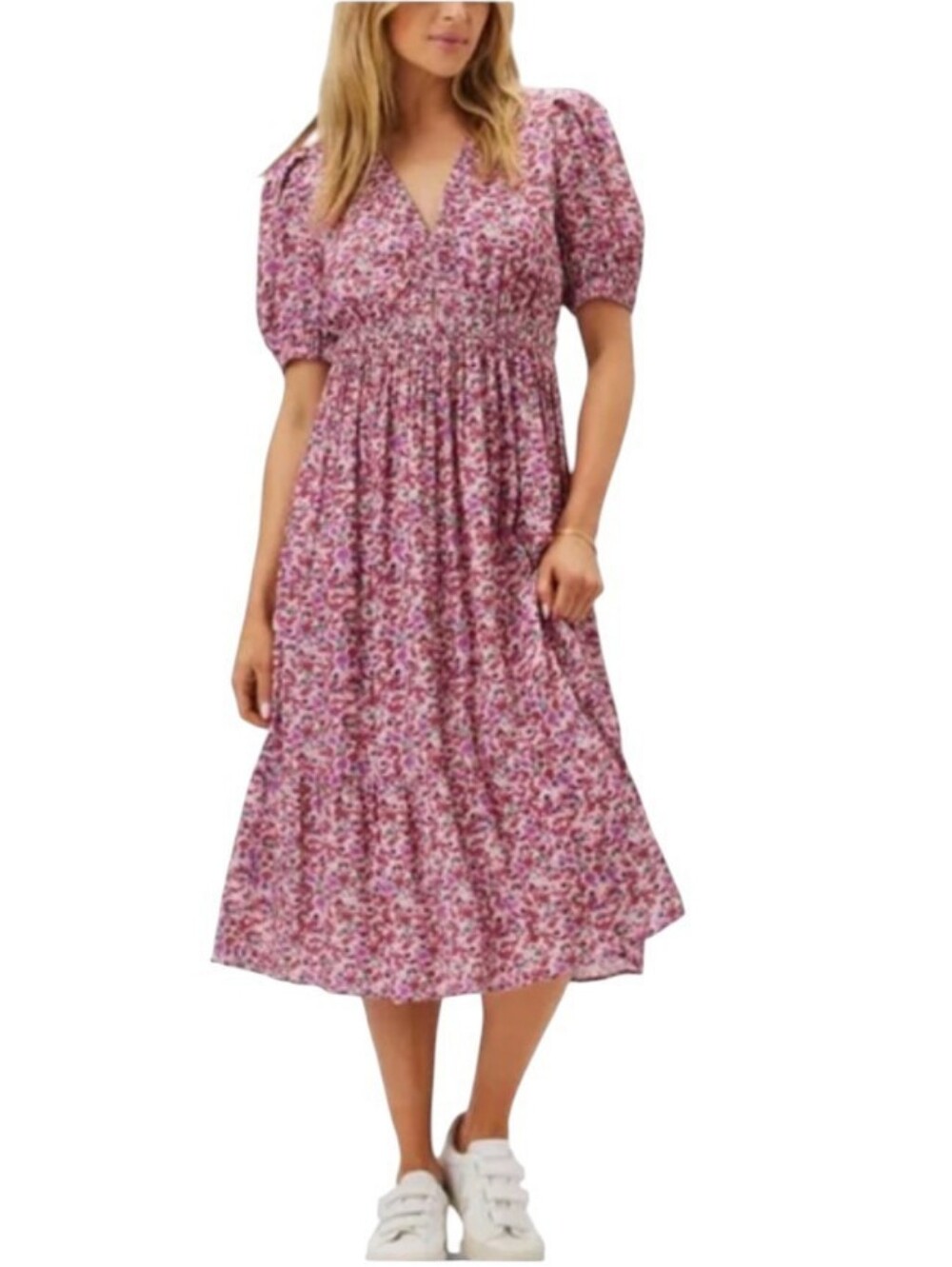 NEW Amour Vert Dress Pink Midi Danielle Floral Puff Sleeves Large